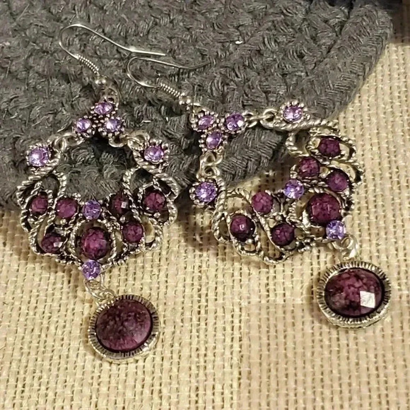 Vintage 90s Lacy Fancy Purple Antique Silver Acrylic Crystal Dangle Earrings - Picture 8 of 8